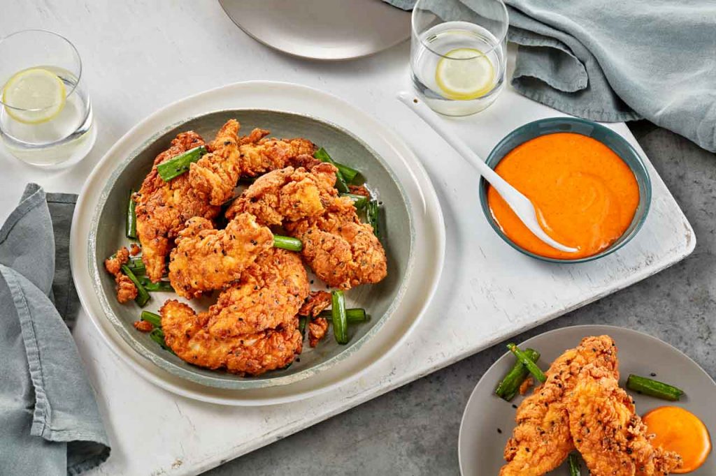 Southern fried chicken tenders with Gochujang hot mayo dipping sauce