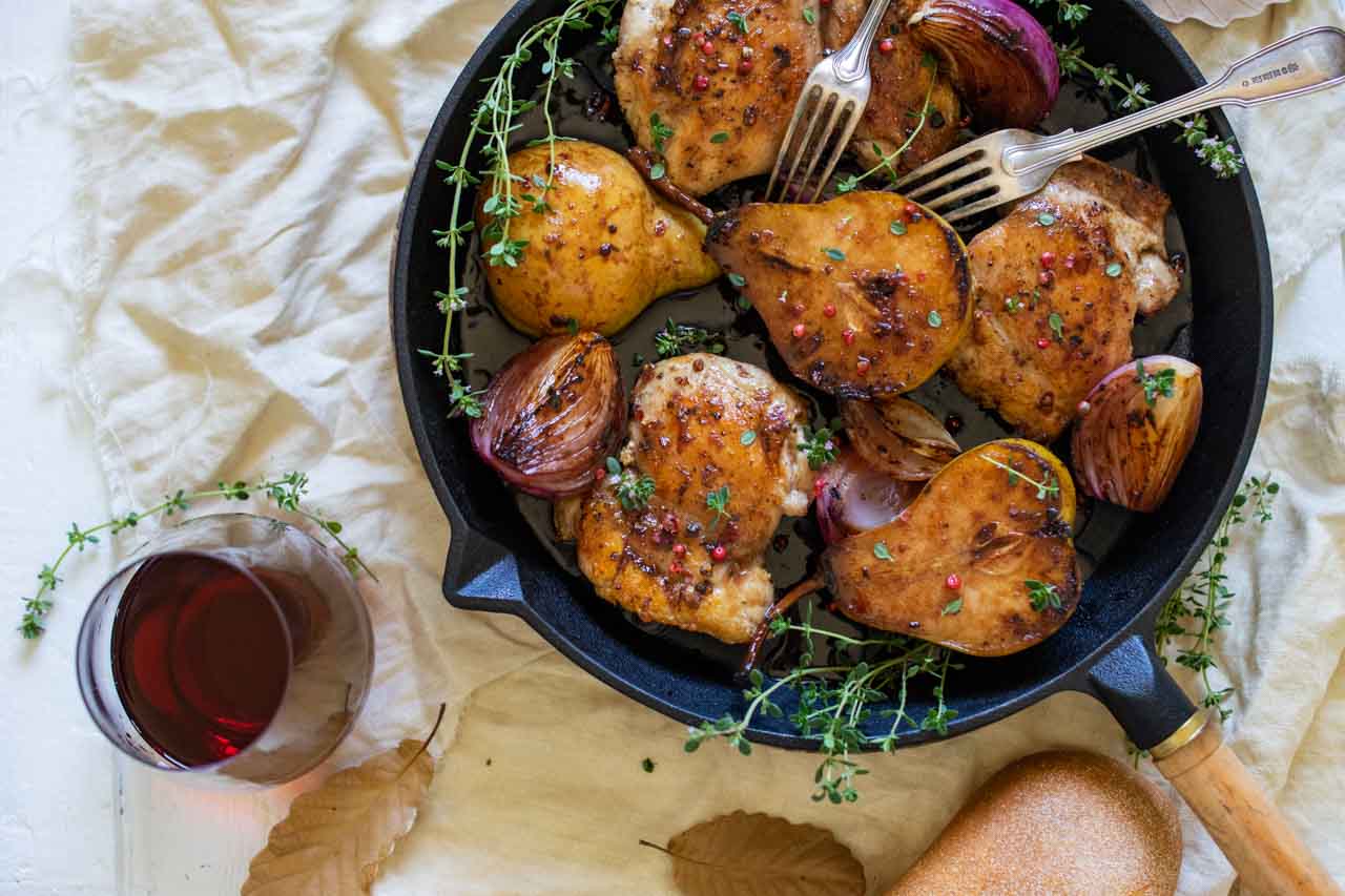 TBB-BakedThighs-PearPort-2 Bare Bird Chicken Recipes
